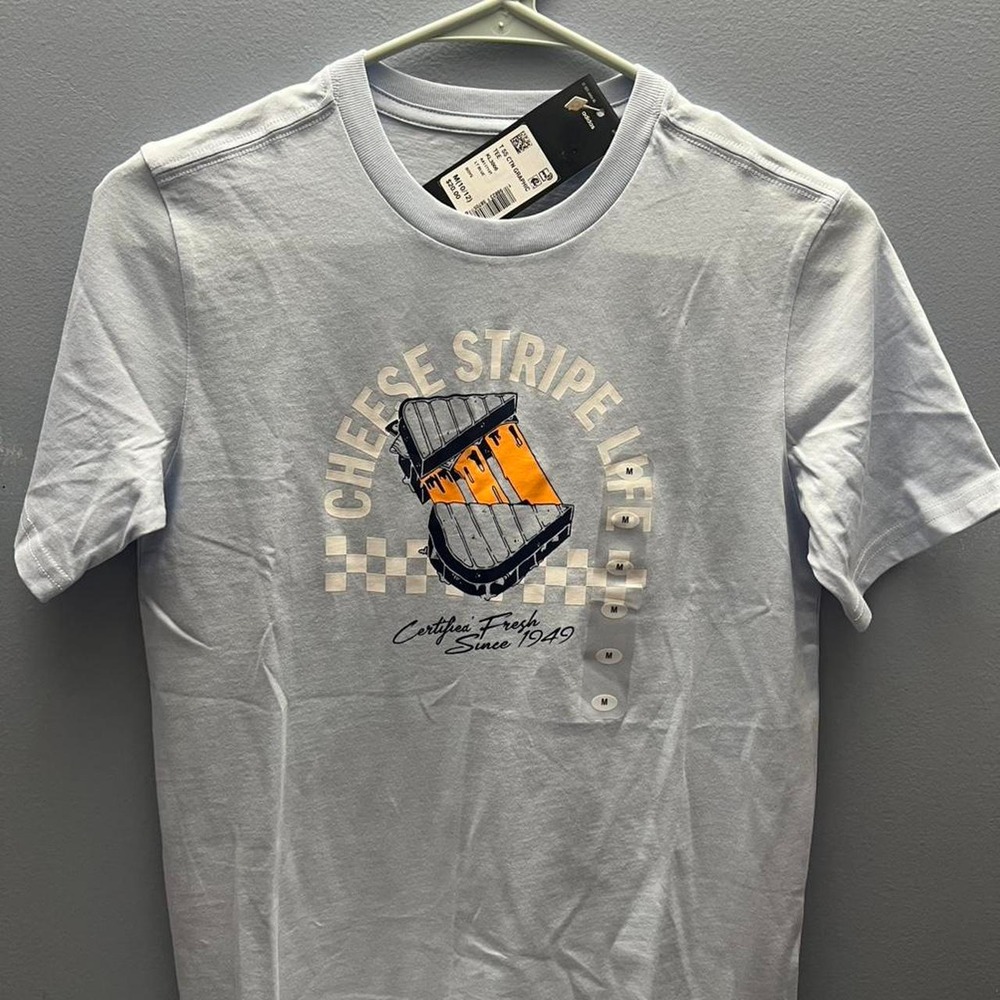 Adidas Boys Cheese Stripe Life Graphic Tee Light Blue KL3006 Size M 10/12 NWT